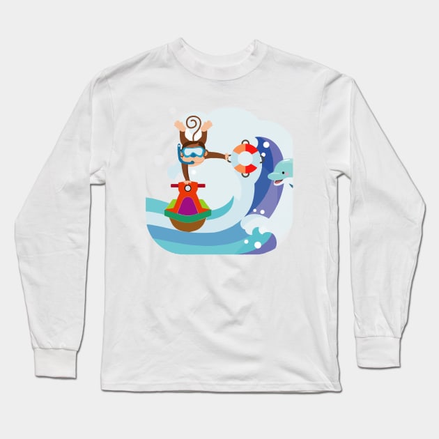 Fun monkey doing stunts on a jet ski, finding a dolphin surfing a wave Long Sleeve T-Shirt by Ideas Design